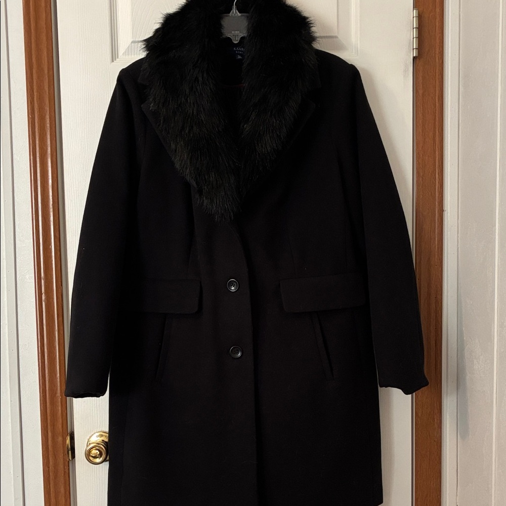Kaari Blue Elegant Black Pea Coat with Faux Fur Collar